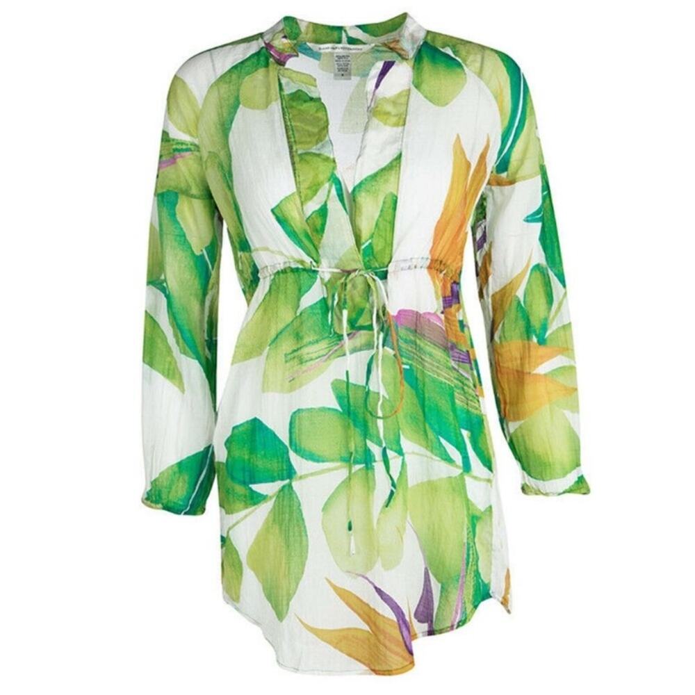 Diane Von Furstenberg Silk Floral Floral Printed Sheer Green/White Locke Tunic